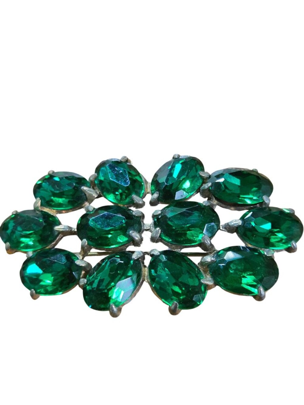 Vintage Czech Green Glass Mid Century Brooch 2.5"x1" Heavyweight